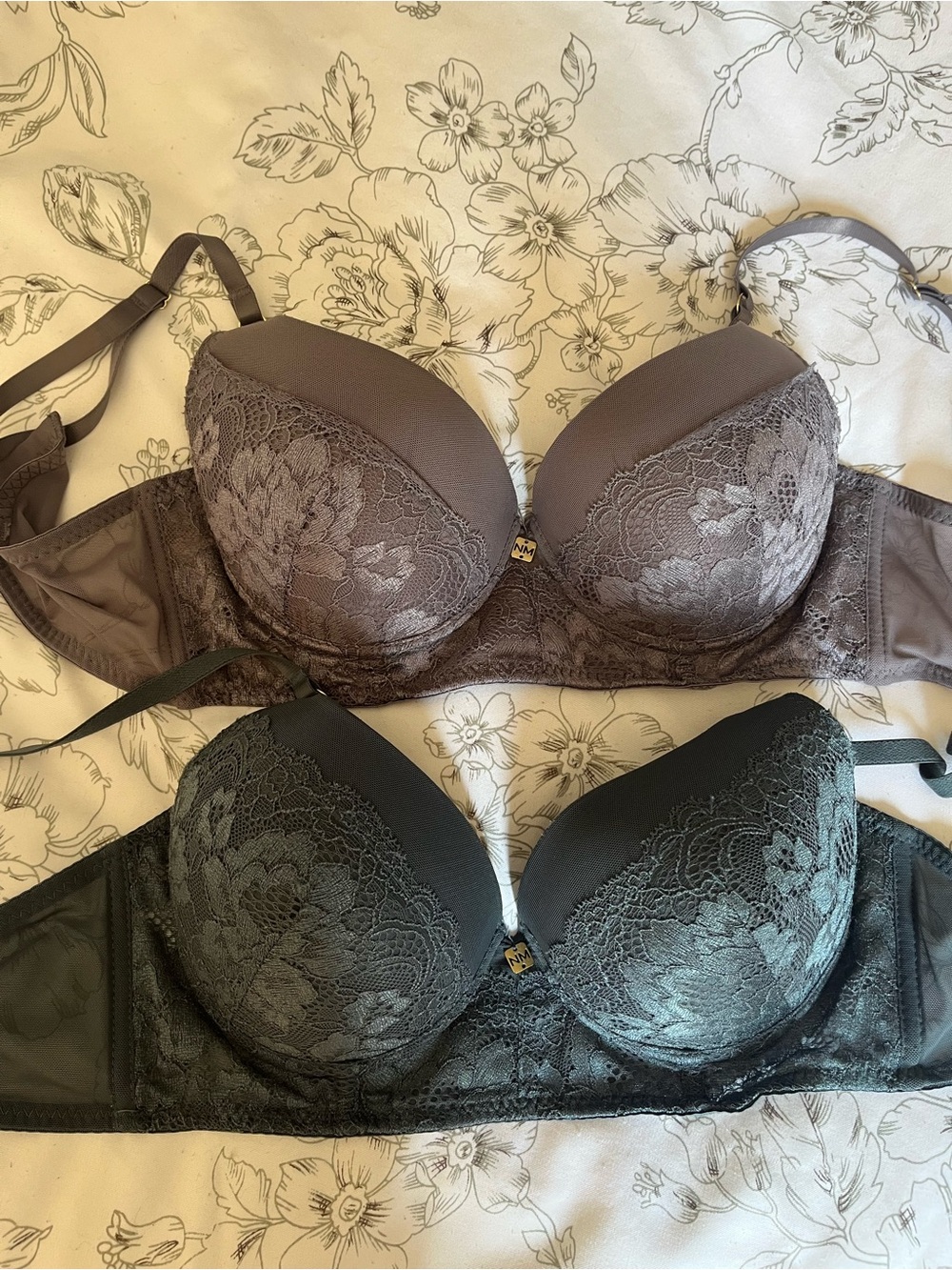 Nicole Miller Lace-Trim Bras in Taupe and Charcoal